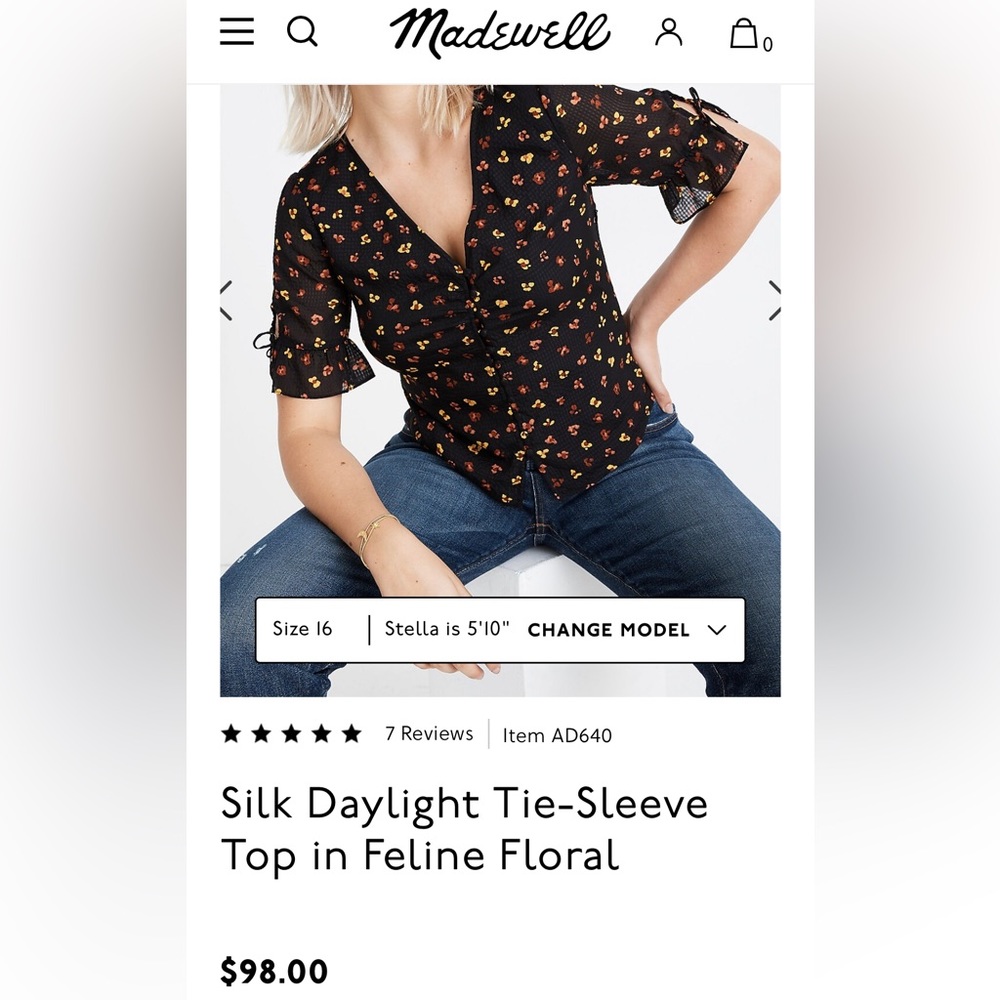 Madewell Silk Daylight Tie-Sleeve Top in Feline Floral Size 10
